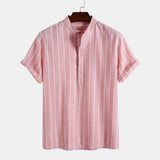 Cotton Linen Shirt Men's Summer Short-sleeved Striped Shirts Solid Color Turn-down Collar Casual Beach Style Blouse Top Pullover