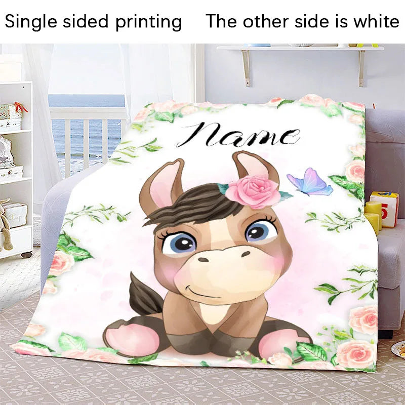 Custom Name Blanket Kawaii Baby Girl Boy Kids Personalized Blankets Cartoon Animal Cute Soft Flannel Throw Blanket Birthday Gift