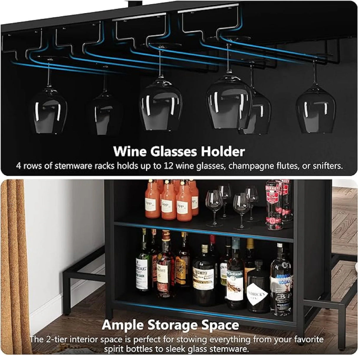 Tribesigns Home Bar Unit Cabinet with Footrest, Industrial 3-Tier Liquor Bar Table with Stemware Rack and Wine Storage