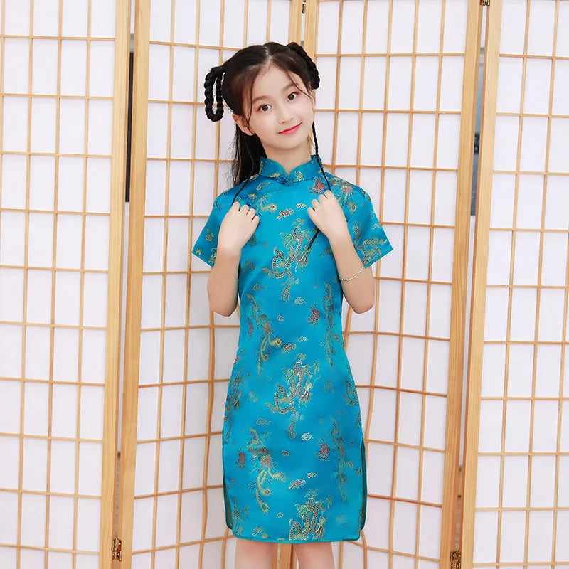 Summer Children Cheongsam Dragon Phoenix Embroidery Qipao Princess Dress Chinese Style Dresses New Year Qipao Gift Tang Clothes