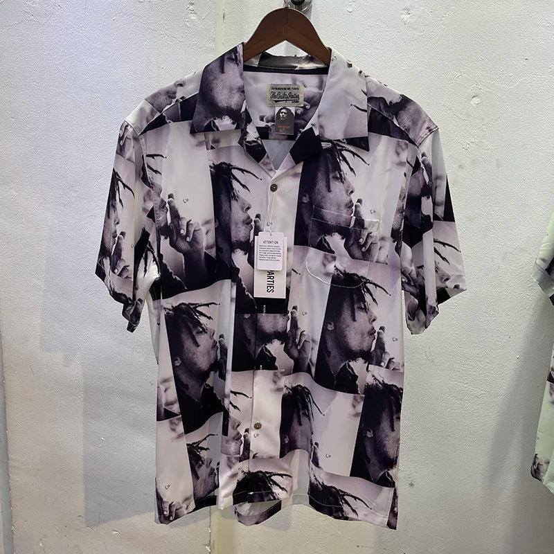 Summer New Wacko Maria Beach Shirt for Men Hip Hop Rose Red Portrait Full Print Harajuku Loose Short Sleeve Marley Same Style