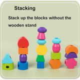 Montessori Wooden Beads Sequencing Toy Set, Five Columns Stacking Colorful Blocks,Lacing Beads, Matching Shape Stacker