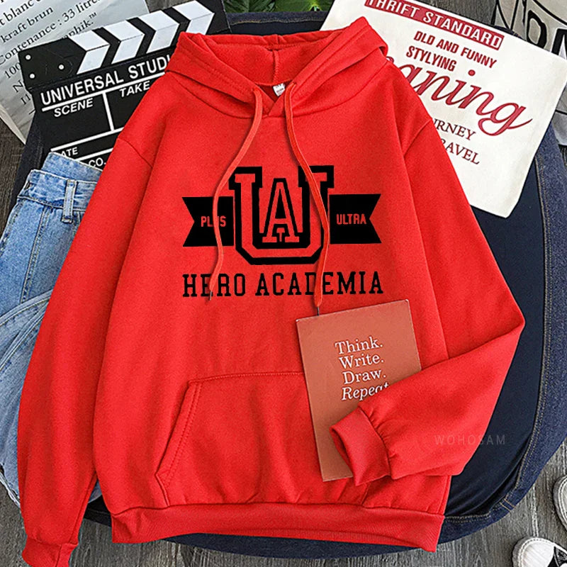 My Hero Academia UA Logo Anime Hoodies Simple Men Plus Size Streetwear Casual Warm Kangaroo Pocket Drawstring Sweatshirt