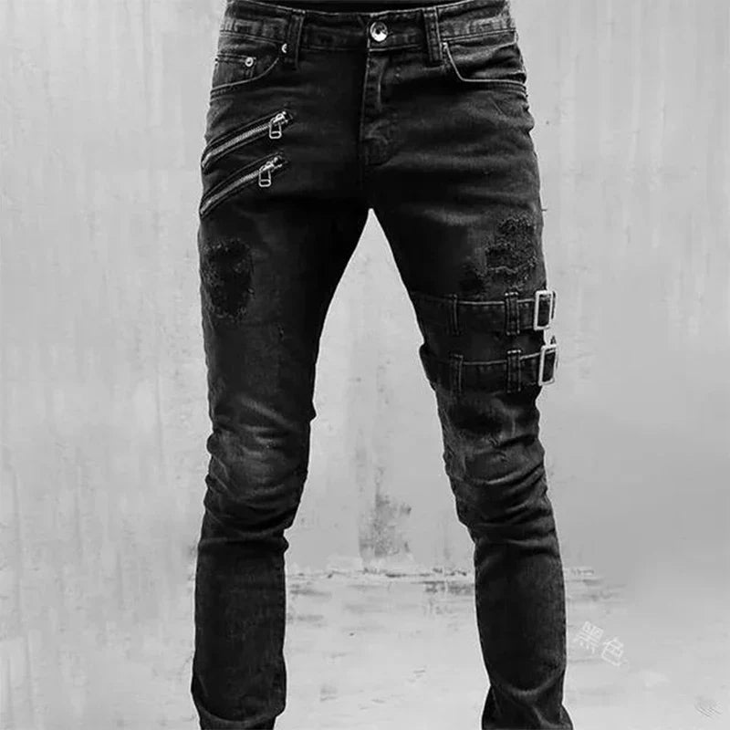 White Embroidery Jeans Men Cotton Stretchy Ripped Skinny Jeans High Quality Hip Hop Black Hole Slim Fit Oversize Denim Pants