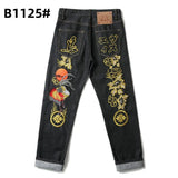 Printed trendy brand personality jeans for men and women casual slim straight tube national trend washed loose all-match pants