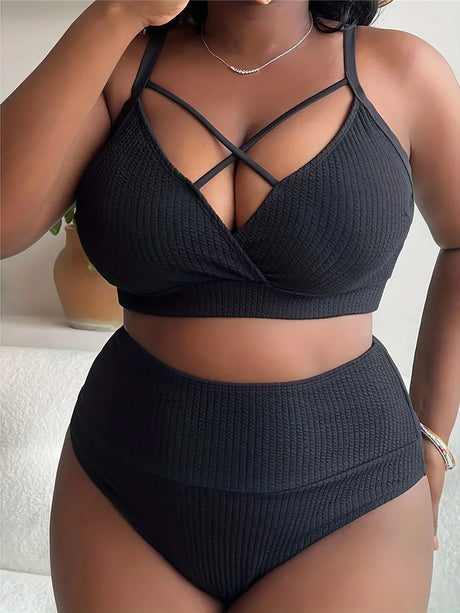 0XL - 4XL Ribbed Bikini Large Size Swimwear Plus Size Women Swimsuit Female Two-pieces Bikini set Bather Bathing Suit Swim V4982