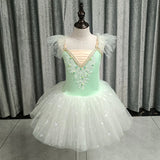 2023 New Ballerina Fairy Prom Party Costume Kids Blue Sequined Flower Dress Girls Dance Wear Gymnastic Ballet Leotard Tutu Dress