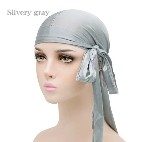 Unisex Silky Satin Durags Bandanas Turban Hat Elastic Headwear Headband Hair Accessories Black White Navy Blue Yellow Coffee