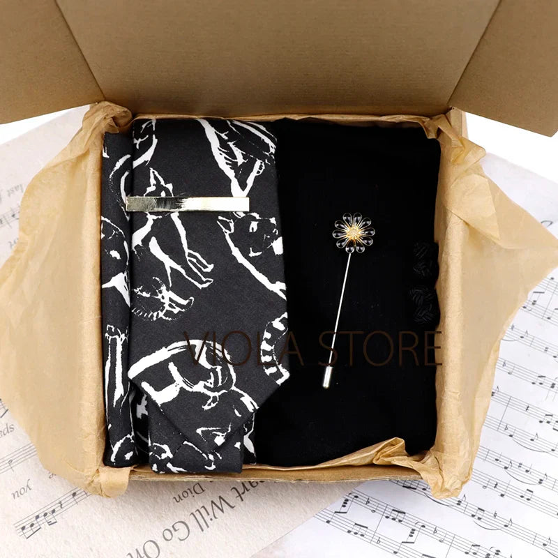 Viola Design 6PCS Gift Box Floral Solid Cotton Sock Tie Sets Clip Pin Cufflinks Hankie Men Wedding Party Daily Cravat Accessory