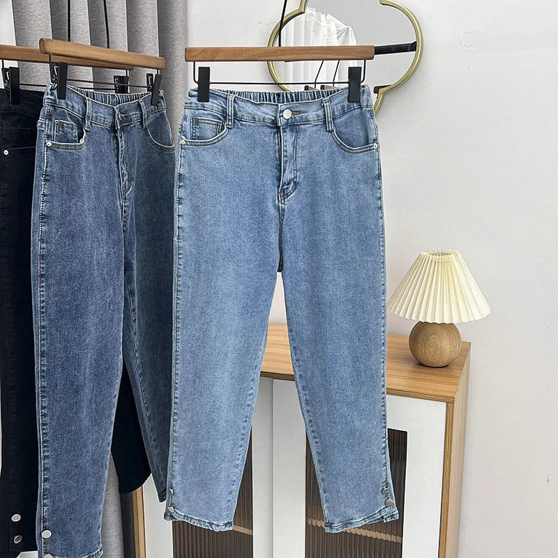 Spring Autumn Clothing Women Drainpipe Jeans Plus Size Brief Denim Cotton Leg Opening Buttons High Waist Stretch Straight Pants