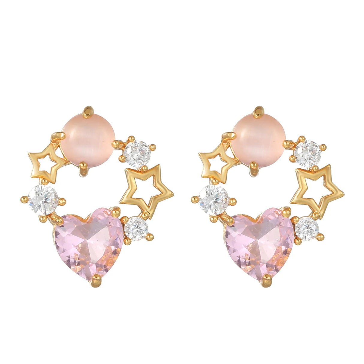 New Ins Pink Heart Zircon Stud Earring For Women Cute Gold-plated Star Zircon Geometric Earrings Fashion Aesthetic Jewelry Gift