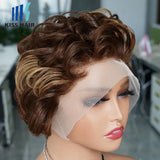 P4/27 Highlight Pixie Curly Wigs 13*4 Lace Frontal Human Hair Wig Ready to Wear Indian Hair Short Bouncy Curly Side Part