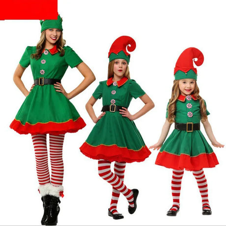 Boys Christmas Elf Costume Girls Xmas Santa Claus Green Elf Dress For Kids Adults Family Matching Outfits Cosplay Clothing Sets