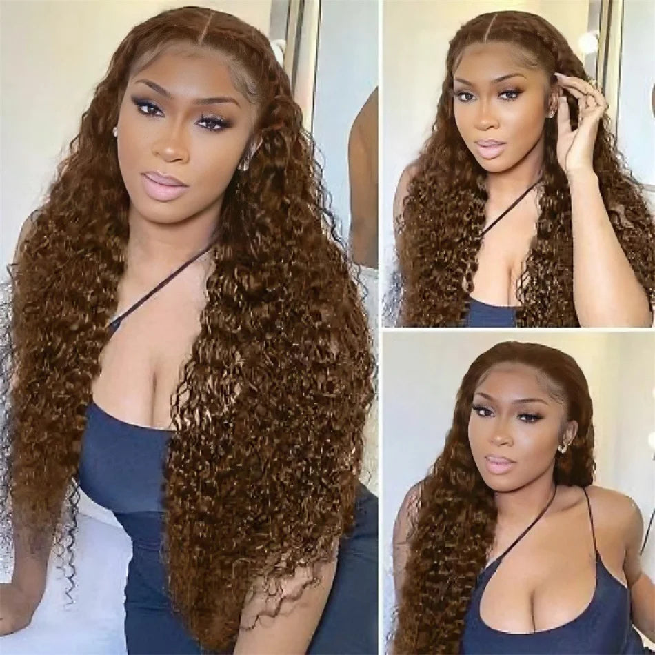 13x4 Glueless Deep Curly Chocolate Brown Lace Front Human Hair Wigs For Women Water Wave Lace Frontal Wig Colored Human Hair Wig