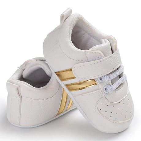 Baby Shoes Newborn Boys Sneaker Girls Two Striped First Walkers Kids Toddlers Lace Up PU Leather Soft Soles Sneakers 0-18 Months