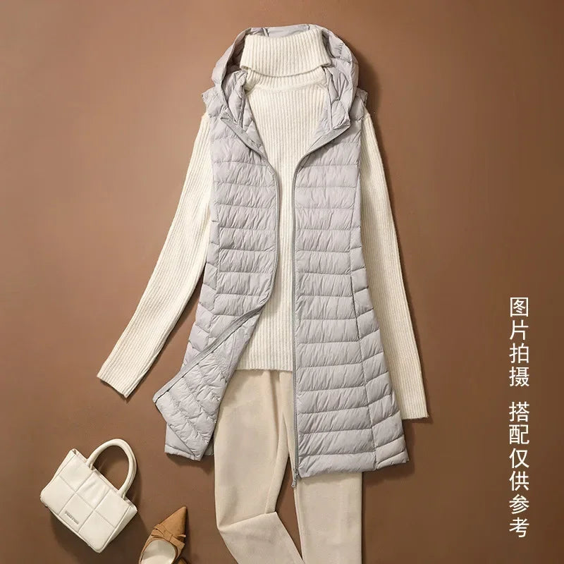 Women's Autumn/Winter X-long Hooded Sleeveless Jackets 2023 New White Duck Down Female Slim Fit Office Lady Warm Vest Coat