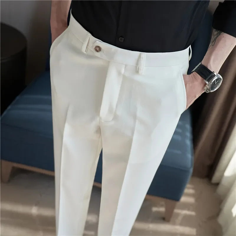 British Style Men High Waist Dress Pants 2023 Autumn Solid Color Casual Trousers Slim Fit Formal Suit Pants Fashion Men Clothing