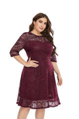 Plus Size Contrast Lace Semi Sheer 3/4 Sleeve Midi Dress, Women's Plus Slight Stretch Elegant Midi Dress