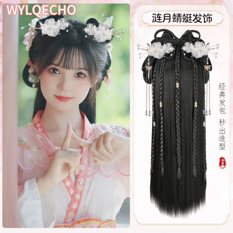 Hanfu Cosplay Wigs Women Black Anime Ancient Chinese Hanfu Wigs Headgear Accessories Hanfu Long Straight Wigs Black Wig Headband