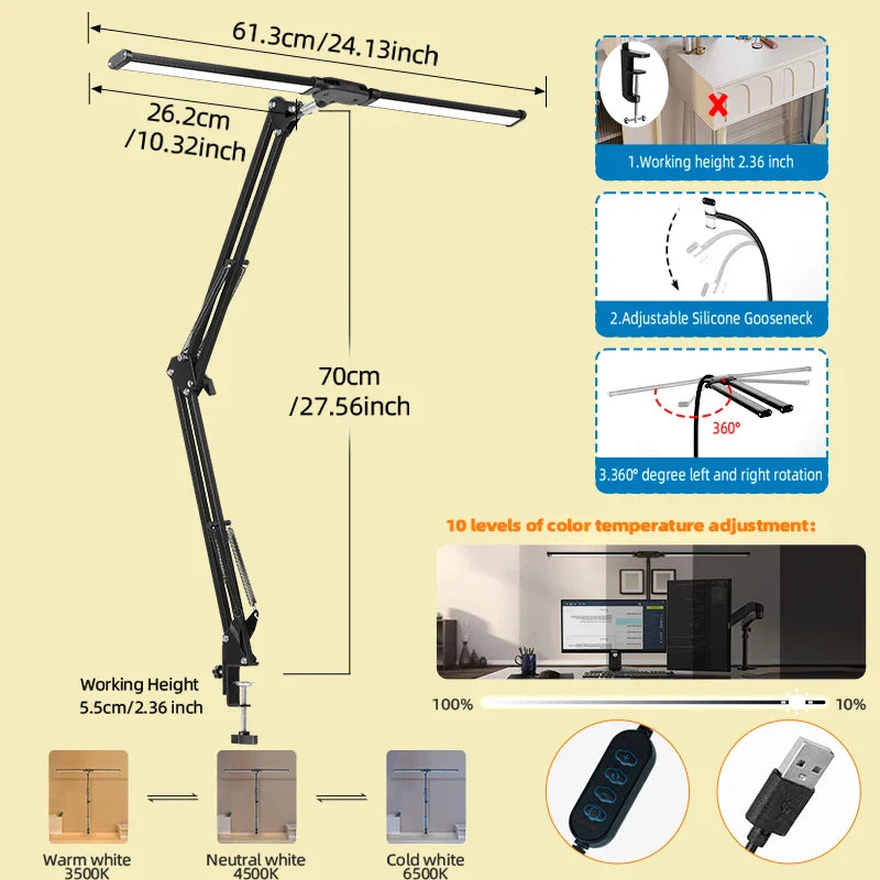 Double Head LED Desk Lamp Stepless Dimmable Computer Monitor Light 24W USB Table Lamps Reading Lights Eye Protection For Bedroom