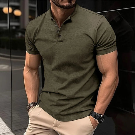 Summer Men Casual Solid Color Short Sleeve T Shirt for Men Henley Collar Polo  High QualityMens T Shirts US Size S-2XL