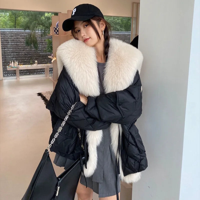 2024 Winter New Women Big Luxury Faux Fox Fur Collar Coat Fluffy Loose Puffer Jacket Feather Female Parka Snow Outwear Windproof