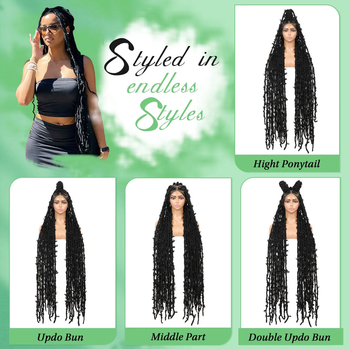 Kaylss 48" Full Double Lace Knotless Locs Braided Wigs for Women Black Butterfly Large Triangle Knotless Twisted Cornrow Braide