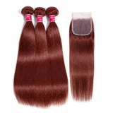 99J Straight Bundles With Closure Reddish Brown Straight Human Hair Bundles With 4x4 Closure Burgundy bundles with closure