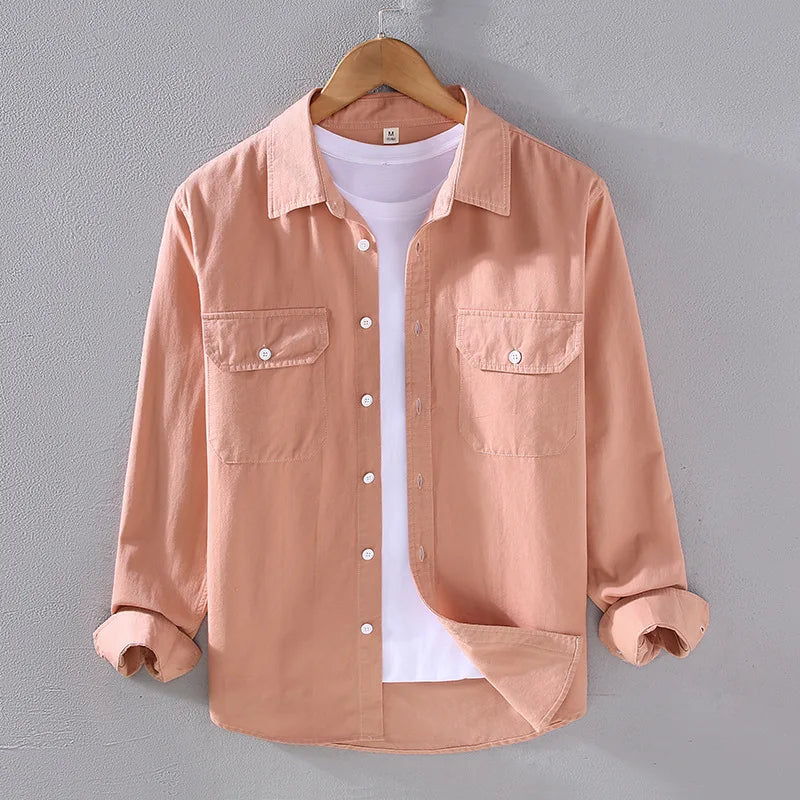 2305 Spring Heavy Weight Pure Cotton Shirts Jackets For Men Handsome Cargo Style Casual Simple Solid Color Long Sleeve Coat Tops