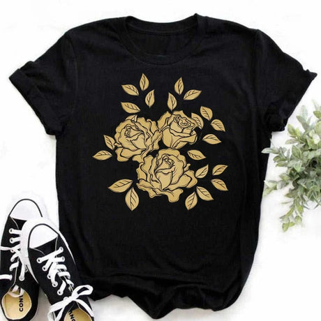 Plus Size Maycaur New Fashion Gold Rose Print Women T Shirt Harajuku Short Sleeves Tshirts Casual O-neck Top Tee Black T-shirt