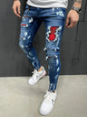 Stripe printing Jeans Men Cotton Stretchy Ripped Skinny Jeans High Quality Hip Hop Black Hole Slim Fit Oversize Denim Pants