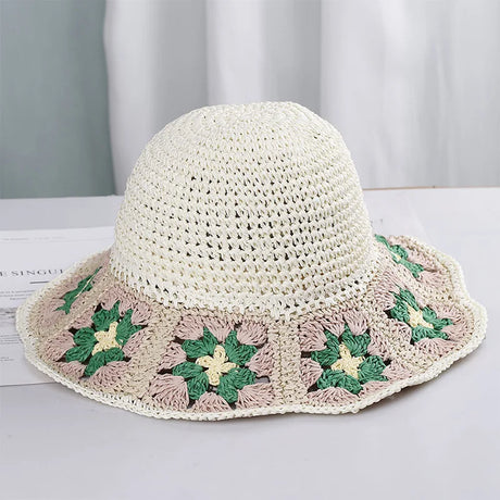 Colorful Crochet Straw Bucket Hat Handmade Knitted Flowers Beach Fisherman Hat for Women Sunshade Cap Vintage Accessories