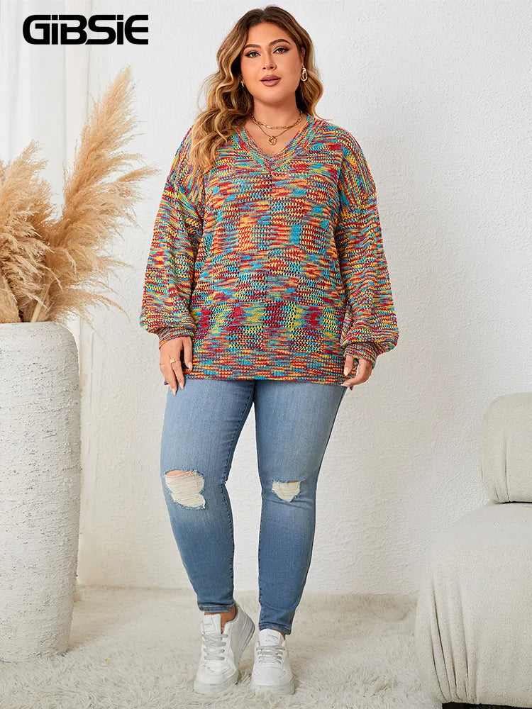 GIBSIE Plus Size Lantern Sleeve V Neck rainbow Sweater Women 2023 Autumn Winter Fashion Loose Sweet Ladies Knit Pullover Jumper