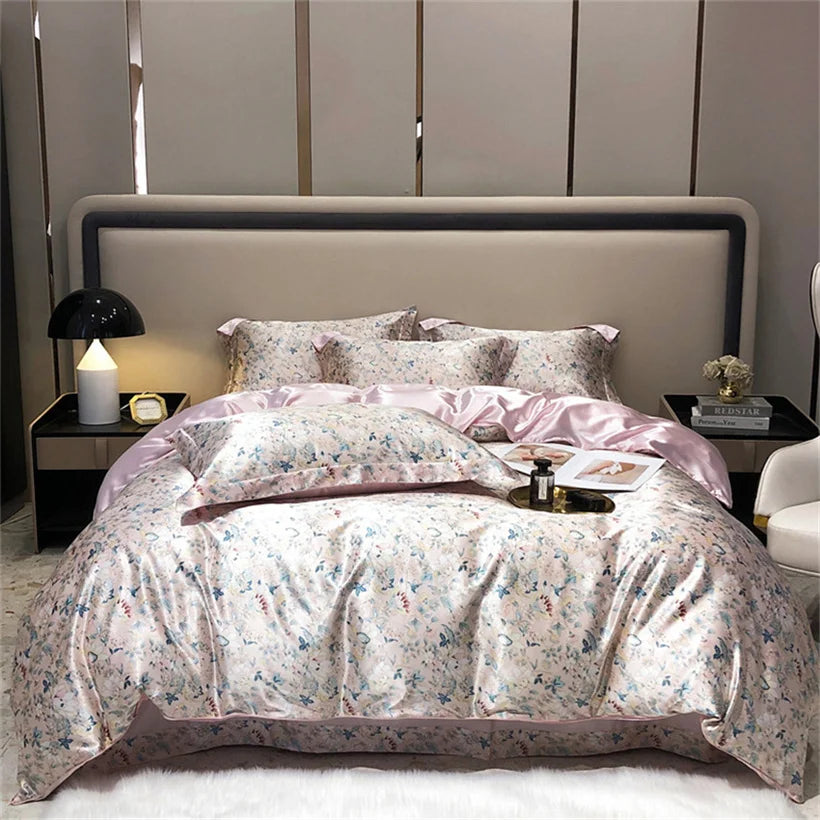 Mulberry Silk 4 Pieces Comforter Bedding Set, 1PC Duvet Cover, 1PC Bed Sheet, 2PCS Pillowcases, Luxury Home Textiles Bedclothes