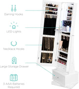 360 Swivel Mirrored Jewelry Cabinet, Full Length Armoire, LED-Lit Makeup Storage Organizer w/Internal Light