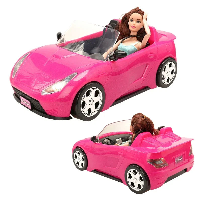 61pcs Set Cool 2-Seater Vehicle Pink Car with Stylish Travel Clothes and Accessories for Doll Kids Gift Toys for 3+ Years Old