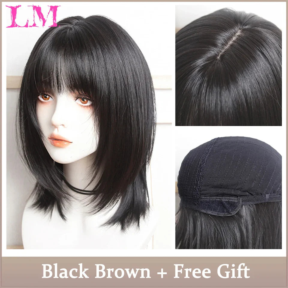 LM Dark Brown Wig Long Wave Wigs for Women Synthetic Hair Wig With Bangs Heat Resistant Party Daily Natural Use