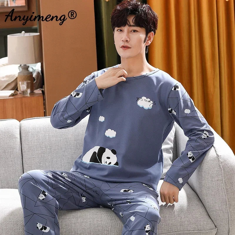 Big Size Autumn New Mens Casual Pajamas Set Cotton Long Sleeve Kawaii Bear Cartoon Printing Sleepwear for Men Pijama for Boy