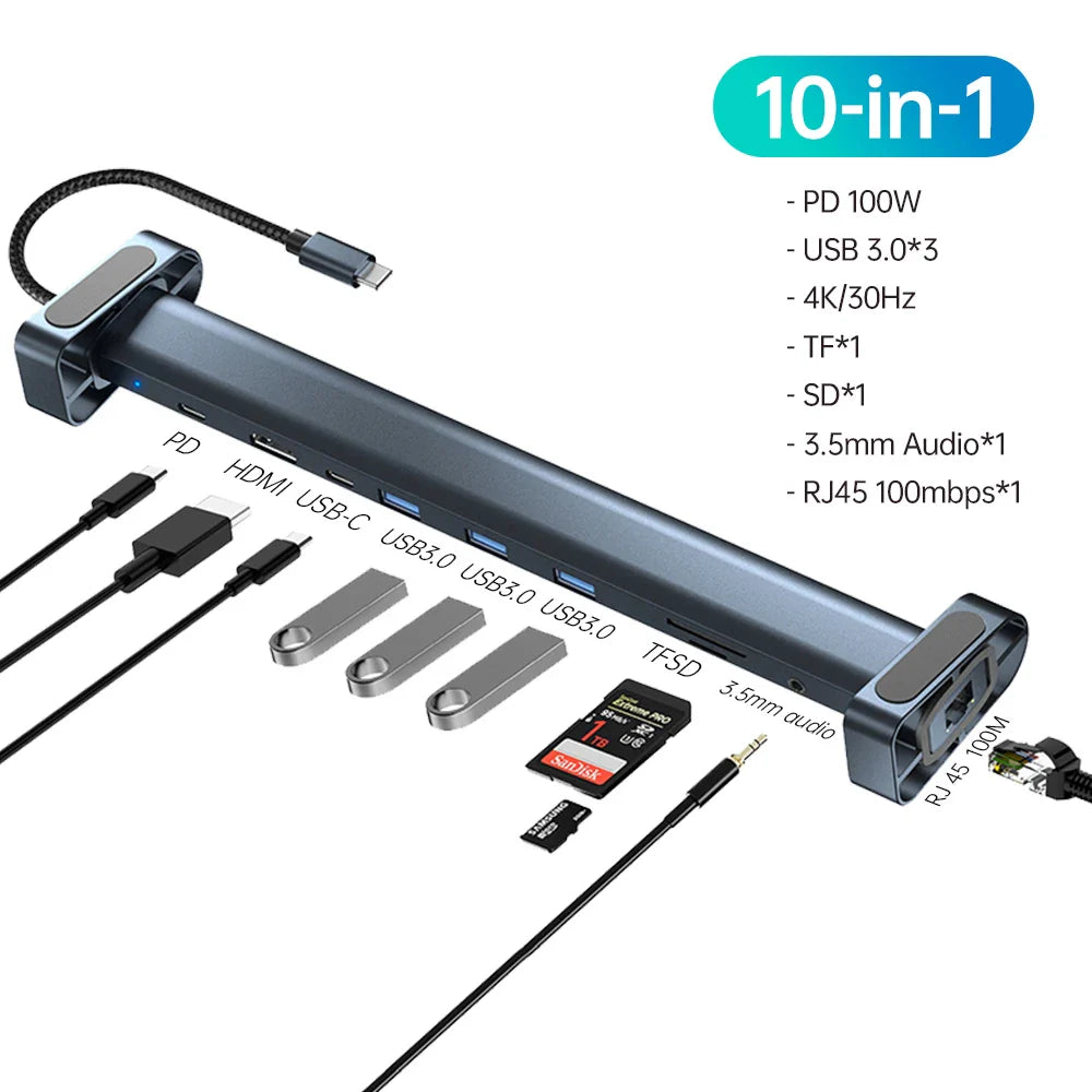 USB C Hub Multiport Adapter 10 in 1 Portable Dongle 4K HDMI PD 100W USB 3.0 Gigabit Ethernet RJ45 Docking Station Laptop Stand