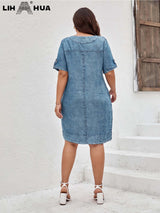 LIH HUA Women's Plus Size Denim Dress Summer Chic Elegant Dress For Chubby Women's Woven Cotton Dress