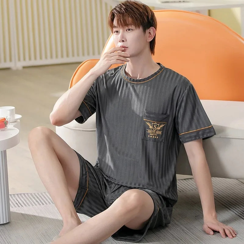 Cartoon Mens Nightwear Summer Comfortable Sleepwear Sleeping Tops Shorts 2 Pieces Pijamas Set Man Leisure Homewear Male Dropship