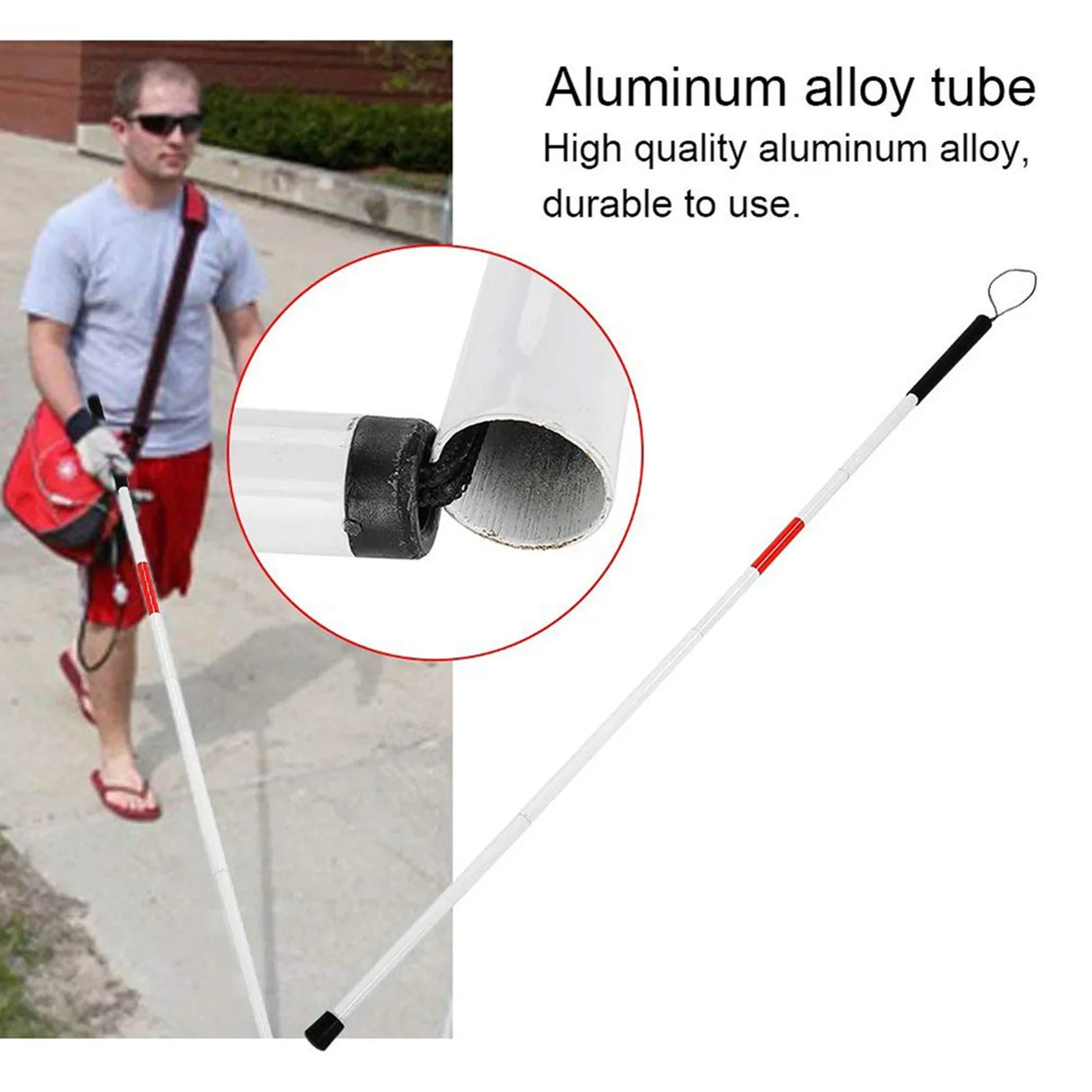 Folding Blind Cane Walking Stick Mobility & Daily Living Aids with Red Reflective Tape for Visually Impaired Men and Women