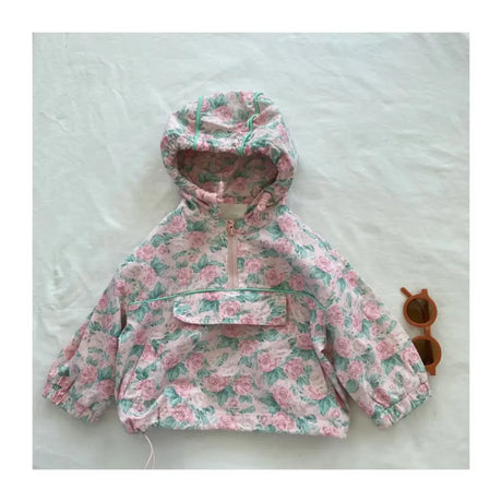 90-130cm Children's Pink Floral Flower Hooded Coat Toddler Girls 2023 Autumn Girls' Korean Pullover Windproof and BreathableTop