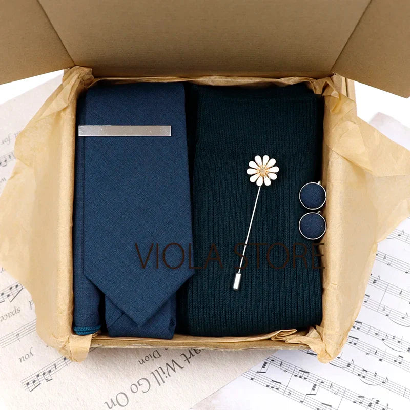 Viola Design 5PCS Gift Box Solid Cotton Sock Tie Sets Clip Pin Cufflinks Hanky Colorful Men Wedding Party Daily Cravat Accessory