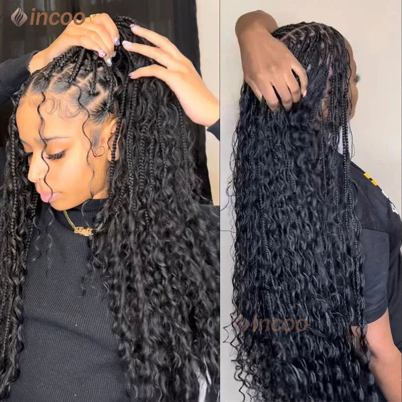 360 Full Lace Frontal Boho Braided Wigs Wave Curly Preplucked Goddess Locs Braided Wig With Baby Hair Synthetic Box Braids Wigs