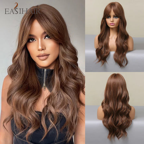 EASIHAIR Light Orange Synthetic Wigs Long Wavy Ombre Natural Hair Wigs with Bangs for Women Cosplay Lolita Wig Heat Resistant