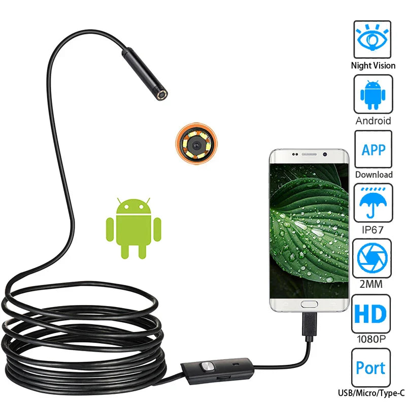 5.5 MM IP67 Waterproof Endoscope Camera 6 LEDs Adjustable USB Android Flexible Inspection Borescope Cameras for Phone PC