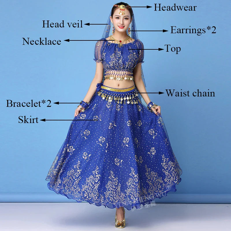 New Bollywood Costume Set Belly Dance Performance Clothes Chiffon Sequin Skirt Set Adult Women Indian Dance Costume Set