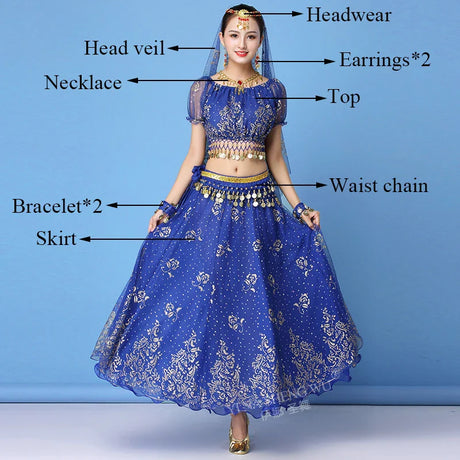 New Bollywood Costume Set Belly Dance Performance Clothes Chiffon Sequin Skirt Set Adult Women Indian Dance Costume Set