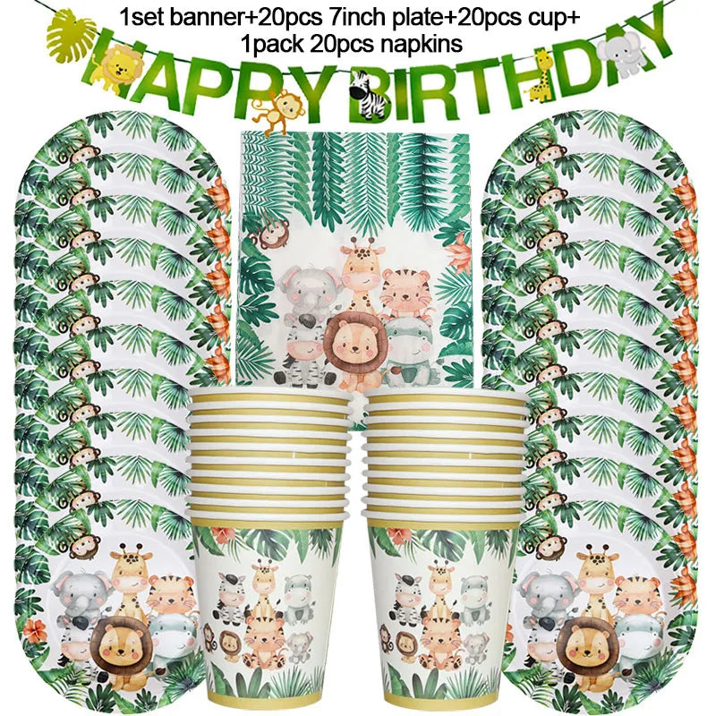 Jungle Birthday Party Decor Animal Palm Leaves Disposable Tableware Set Kids Boy Wild One Forest Safari Birthday Party Supplies